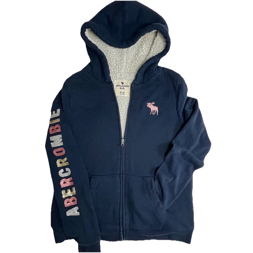 Abercrombie‎ Kids Sherpa Lined Hoodie Jacket Girls 15/16 Navy Sequin Zip Up